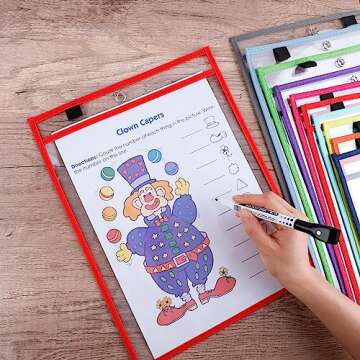 Antner 30 Pack Oversized Dry Erase Pockets Sleeves Reusable Ticket Holders, Clear Plastic Sheet Page Protectors, Heavy Duty Work Pockets School Teacher Classroom Office Organization Supplies, 10 Color