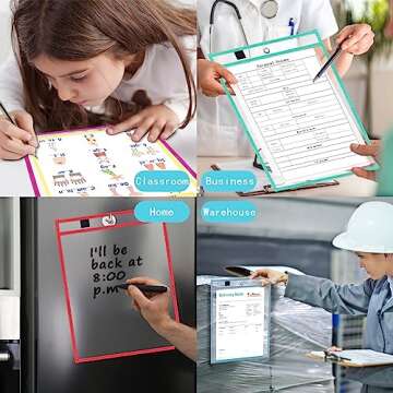 Antner 30 Pack Oversized Dry Erase Pockets Sleeves Reusable Ticket Holders, Clear Plastic Sheet Page Protectors, Heavy Duty Work Pockets School Teacher Classroom Office Organization Supplies, 10 Color