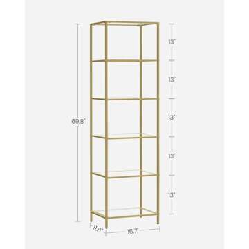 VASAGLE Bookcase, 6-Tier Bookshelf, Slim Shelving Unit for Bedroom, Bathroom, Home Office, Tempered Glass, Steel Frame, Metallic Gold ULGT500A01