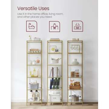 VASAGLE Bookcase, 6-Tier Bookshelf, Slim Shelving Unit for Bedroom, Bathroom, Home Office, Tempered Glass, Steel Frame, Metallic Gold ULGT500A01