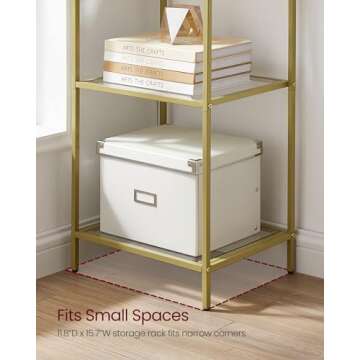 VASAGLE Bookcase, 6-Tier Bookshelf, Slim Shelving Unit for Bedroom, Bathroom, Home Office, Tempered Glass, Steel Frame, Metallic Gold ULGT500A01