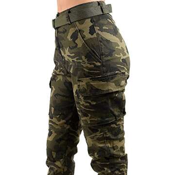 TwiinSisters Women's High Waist Slim Fit Jogger Cargo Camo Pants for Women with Matching Belt - 3X, Army Olive