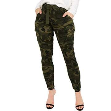 TwiinSisters Women's High Waist Slim Fit Jogger Cargo Camo Pants for Women with Matching Belt - 3X, Army Olive