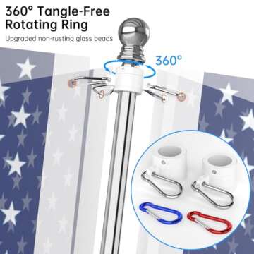 ZMTECH Flag Pole - Upgraded Bracket, 6 FT Stainless Steel Flag Poles for Outside House, Residential or Commerical, Tangle Free Flag Pole Kit for American Flag (Without Flag, Silver)