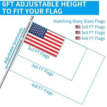 ZMTECH Flag Pole - Upgraded Bracket, 6 FT Stainless Steel Flag Poles for Outside House, Residential or Commerical, Tangle Free Flag Pole Kit for American Flag (Without Flag, Silver)