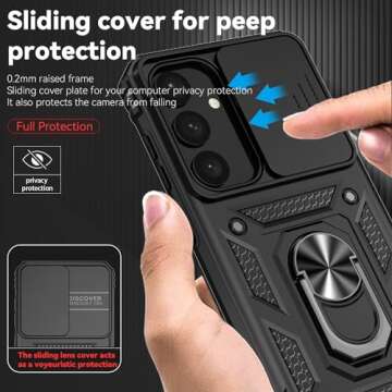 for Samsung Galaxy S25 Plus Case with Slide Camera Cover HD Screen Protector [Military Grade Drop Tested] Magnetic Ring Holder Kickstand Protective Phone Case for Samsung Galaxy S25+ Plus 2025, Black