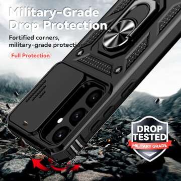 for Samsung Galaxy S25 Plus Case with Slide Camera Cover HD Screen Protector [Military Grade Drop Tested] Magnetic Ring Holder Kickstand Protective Phone Case for Samsung Galaxy S25+ Plus 2025, Black