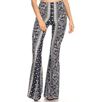 SWEETKIE Boho Flare Pants, Elastic Waist, Wide Leg Pants for Women, Solid & Printed, Stretchy and Soft (Navy Stone 8191V, Small)