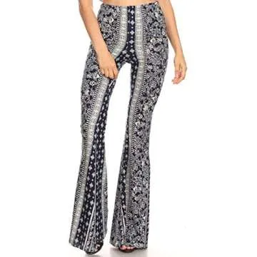 SWEETKIE Boho Flare Pants, Elastic Waist, Wide Leg Pants for Women, Solid & Printed, Stretchy and Soft (Navy Stone 8191V, Small)