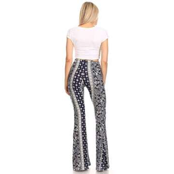 SWEETKIE Boho Flare Pants, Elastic Waist, Wide Leg Pants for Women, Solid & Printed, Stretchy and Soft (Navy Stone 8191V, Small)
