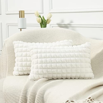 MANDIOO Set of 2 Super Soft Plush Faux Fur Lumbar Throw Pillow Covers 12x20 Inch,Plaid Texture Moder...