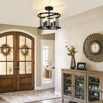 Farmhouse Semi Flush Mount Ceiling Light Fixture, 4-Light Matte Black Vintage Industrial Close to Ce...