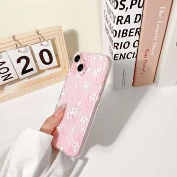 Lovmooful Compatible for iPhone 15 Case Cute Clear Flower Floral Design for Girls Women Soft TPU Shockproof Protective Girly for iPhone 15-White Pink Floral