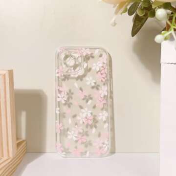 Lovmooful Compatible for iPhone 15 Case Cute Clear Flower Floral Design for Girls Women Soft TPU Shockproof Protective Girly for iPhone 15-White Pink Floral