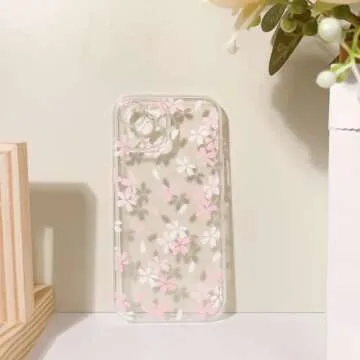 Lovmooful Compatible for iPhone 15 Case Cute Clear Flower Floral Design for Girls Women Soft TPU Shockproof Protective Girly for iPhone 15-White Pink Floral