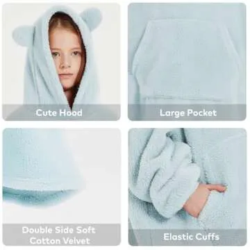 TUOTGOYEZ Wearable Blanket Hoodie for kids, Cozy Hoodie Blanket Gift for Girls and Boys, Soft Coral Fleece Sweatshirt Blanket with Hood Sleeves and Pocket (BLUE, KIDS)