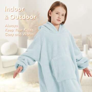 TUOTGOYEZ Wearable Blanket Hoodie for kids, Cozy Hoodie Blanket Gift for Girls and Boys, Soft Coral Fleece Sweatshirt Blanket with Hood Sleeves and Pocket (BLUE, KIDS)