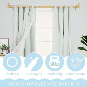 TANGWIN Gold Curtain Rods for Windows 72 to 144 In(6-12ft),1 Inch Adjustable Long Curtain Rod,Heavy Duty Curtain Rods,Decorative Swan Finials Drapery Rods,Single Window Curtain Rod 72-144",Brass Gold