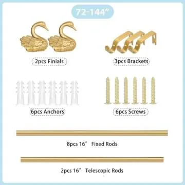 TANGWIN Gold Curtain Rods for Windows 72 to 144 In(6-12ft),1 Inch Adjustable Long Curtain Rod,Heavy Duty Curtain Rods,Decorative Swan Finials Drapery Rods,Single Window Curtain Rod 72-144",Brass Gold