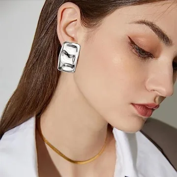 Chunky Gold Rectangle Stud Earrings Elegant Hypoallergenic