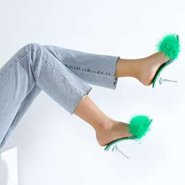 Women's Fuzzy Slippers Clear Heels Pointed Toe Stilettos Heels Mules Sandals Fluffy Feather Slip On High Heeled Party Prom Dresses Shoes Green 38 US7