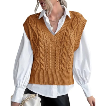 Cropped Sweater Vest for Women V Neck Sleeveless Knit Solid Casual Ribbed Preppy Pullover Tops Brown...