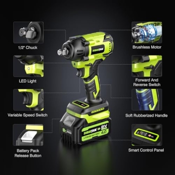 Robustrue 406Ft-lbs Cordless Impact Wrench with 2 Batteries