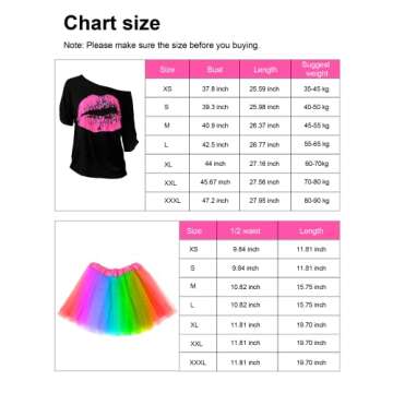 Women's 80s Costume Accessories Set, Lips Print T-Shirt Adult Tutu Skirt Lace Headband Neon Earrings...
