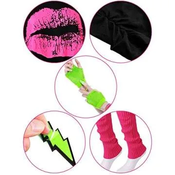 Women's 80s Costume Accessories Set, Lips Print T-Shirt Adult Tutu Skirt Lace Headband Neon Earrings Necklace Leg Warmers Fishnet Gloves Bracelet (Rainbow, XXXL)