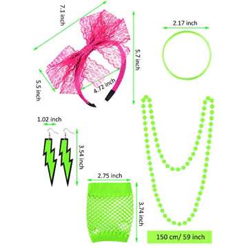 Women's 80s Costume Accessories Set, Lips Print T-Shirt Adult Tutu Skirt Lace Headband Neon Earrings Necklace Leg Warmers Fishnet Gloves Bracelet (Rainbow, XXXL)