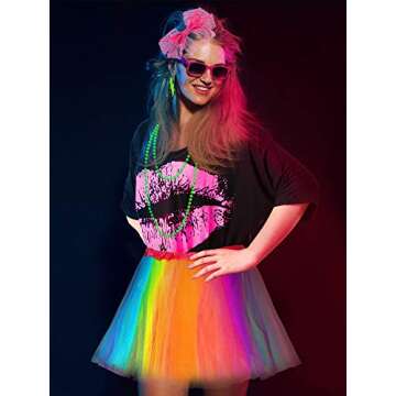 Women's 80s Costume Accessories Set, Lips Print T-Shirt Adult Tutu Skirt Lace Headband Neon Earrings Necklace Leg Warmers Fishnet Gloves Bracelet (Rainbow, XXXL)
