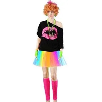 Women's 80s Costume Accessories Set, Lips Print T-Shirt Adult Tutu Skirt Lace Headband Neon Earrings Necklace Leg Warmers Fishnet Gloves Bracelet (Rainbow, XXXL)