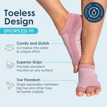 Tucketts Flow Toeless Non-Slip Grip Socks - Anti Skid Yoga, Barre, Pilates, Home & Leisure, Pedicure...