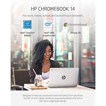 HP Chromebook 14 Laptop, Intel Celeron N4000 Processor, 4 GB RAM, 32 GB eMMC, 14” HD Display, Chro...