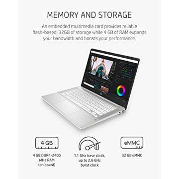 HP Chromebook 14 Laptop, Intel Celeron N4000 Processor, 4 GB RAM, 32 GB eMMC, 14” HD Display, Chrome, Lightweight Computer with Webcam and Dual Mics, Home, School, Music, Movies (14a-na0021nr, 2021)