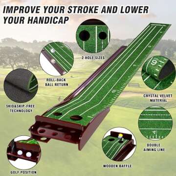 PGM Indoor Golf Putting Mat with Auto Ball Return – Crystal Velvet Putting Green with Distance Mar...