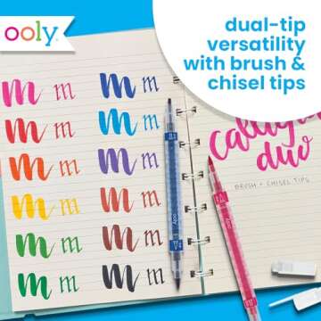 Ooly Calligraphy Duo - 12 Double Ended Calligraphy Pens for Writing & Hand Lettering, Dual Tip Calligraphy Pens for Beginners or Kids has 1 Brush Tip & 1 Chisel Tip Calligraphy Pen in Classic Colors