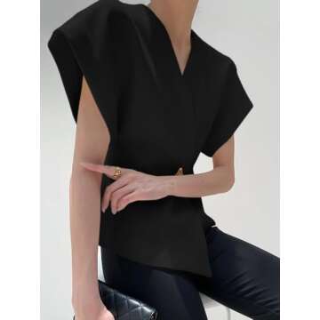 Cicy Bell Womens Trendy V Neck Tops Shirts Short Sleeve Button Down Slim Waist Summer Blouses Black