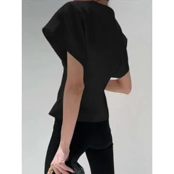 Cicy Bell Womens Trendy V Neck Tops Shirts Short Sleeve Button Down Slim Waist Summer Blouses Black