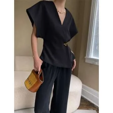 Cicy Bell Womens Trendy V Neck Tops Shirts Short Sleeve Button Down Slim Waist Summer Blouses Black