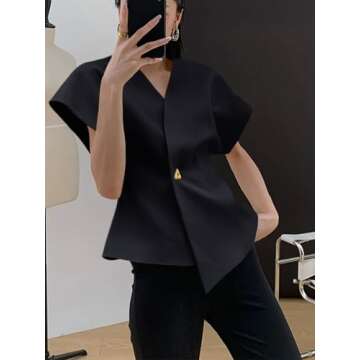 Cicy Bell Womens Trendy V Neck Tops Shirts Short Sleeve Button Down Slim Waist Summer Blouses Black
