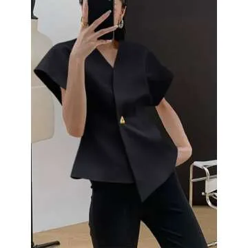 Cicy Bell Womens Trendy V Neck Tops Shirts Short Sleeve Button Down Slim Waist Summer Blouses Black