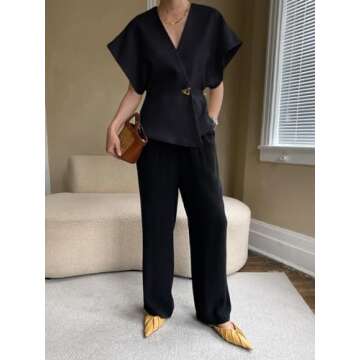 Cicy Bell Womens Trendy V Neck Tops Shirts Short Sleeve Button Down Slim Waist Summer Blouses Black