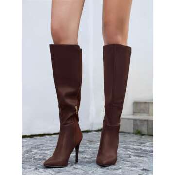 Rilista Womens Knee High Boots Sexy Pointed Toe Stiletto Heel Boot Leather Zipper Dress Shoes, Dark Brown, Size 10
