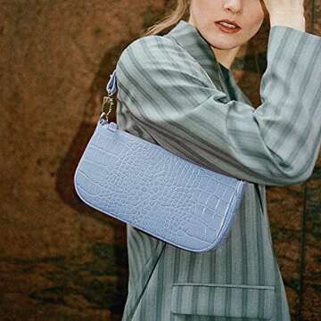 Small Handbag for Women Crocodile Effect Bag Retro Faux Leather Classic Clutch Shoulder Purse (Blue)