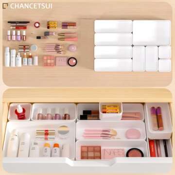 9 Pcs Stackable Drawer Organizer Trays Set, Multifunctional Stackable Storage Trays for Vanity, Bathroom, Kitchen, Desk Drawer Organizer Office. Plastic Drawer Organizers Available In 5 Colours, White