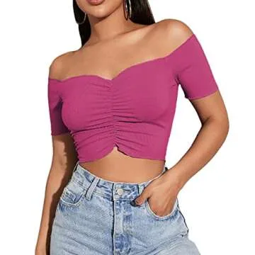LYANER Women's Off Shoulder Ruched Short Sleeve Rib Knit Sexy Crop Top Blouse Rose Small