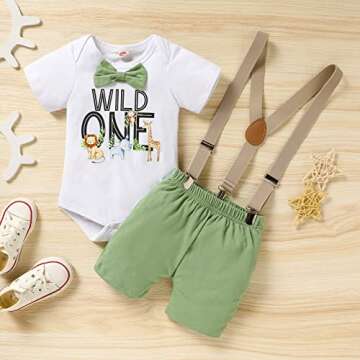 GRNSHTS Baby Boys 1st Birthday Cake Smash Outfit Wild One Bowtie Romper+Bloomers+Suspenders Photo Sh...