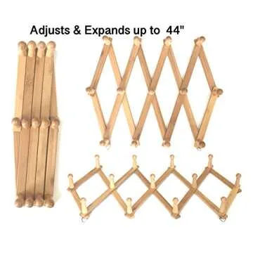 Azi 2 Excellent Quality Bamboo Rack - Accordion Style Expandable Wall Mounted Rack - 13 Pegs/Hooks (2’’ Long Pegs) for Hat Caps Belt Umbrella Coffee Mug Jewelry Elegant Eco-Friendly