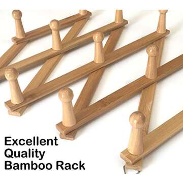 Azi 2 Excellent Quality Bamboo Rack - Accordion Style Expandable Wall Mounted Rack - 13 Pegs/Hooks (2’’ Long Pegs) for Hat Caps Belt Umbrella Coffee Mug Jewelry Elegant Eco-Friendly